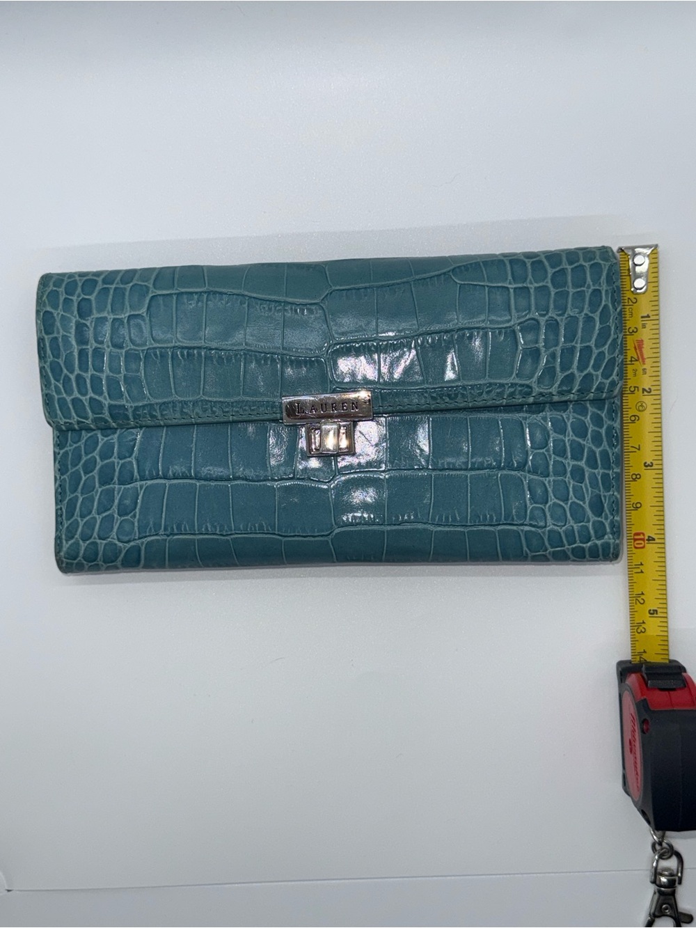 Lauren Ralph Lauren Croc Embossed Continental Wallet Turn Lock Blue - Picture 11 of 15
